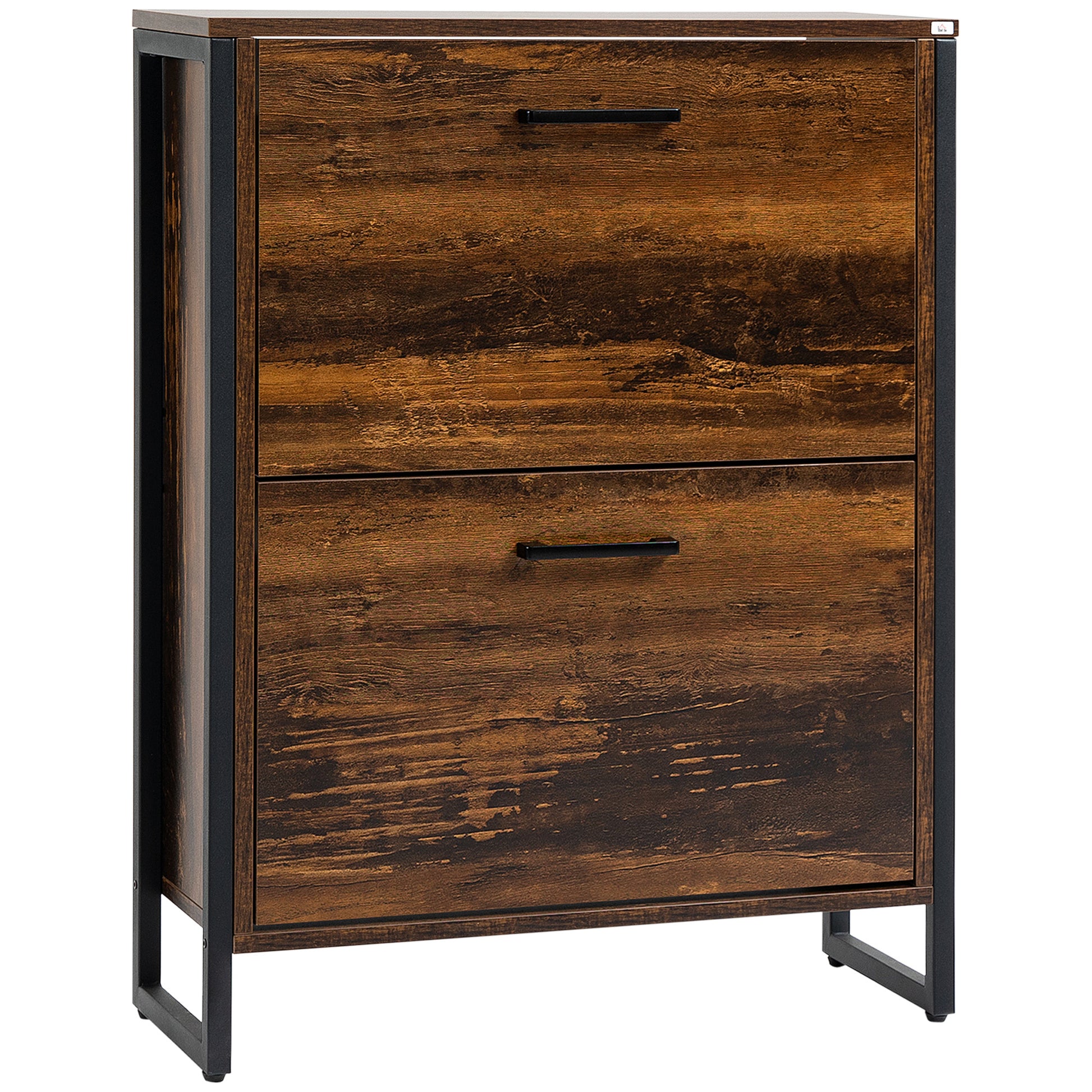 Homcom Industrial Shoe Cabinet With 2 Flip Drawers, Freestanding Shoe Storage Cabinet For 12 Pairs, Narrow Slim Shoe Rack For Entryway, Hallway, Rustic Brown Rustic Brown Particle Board
