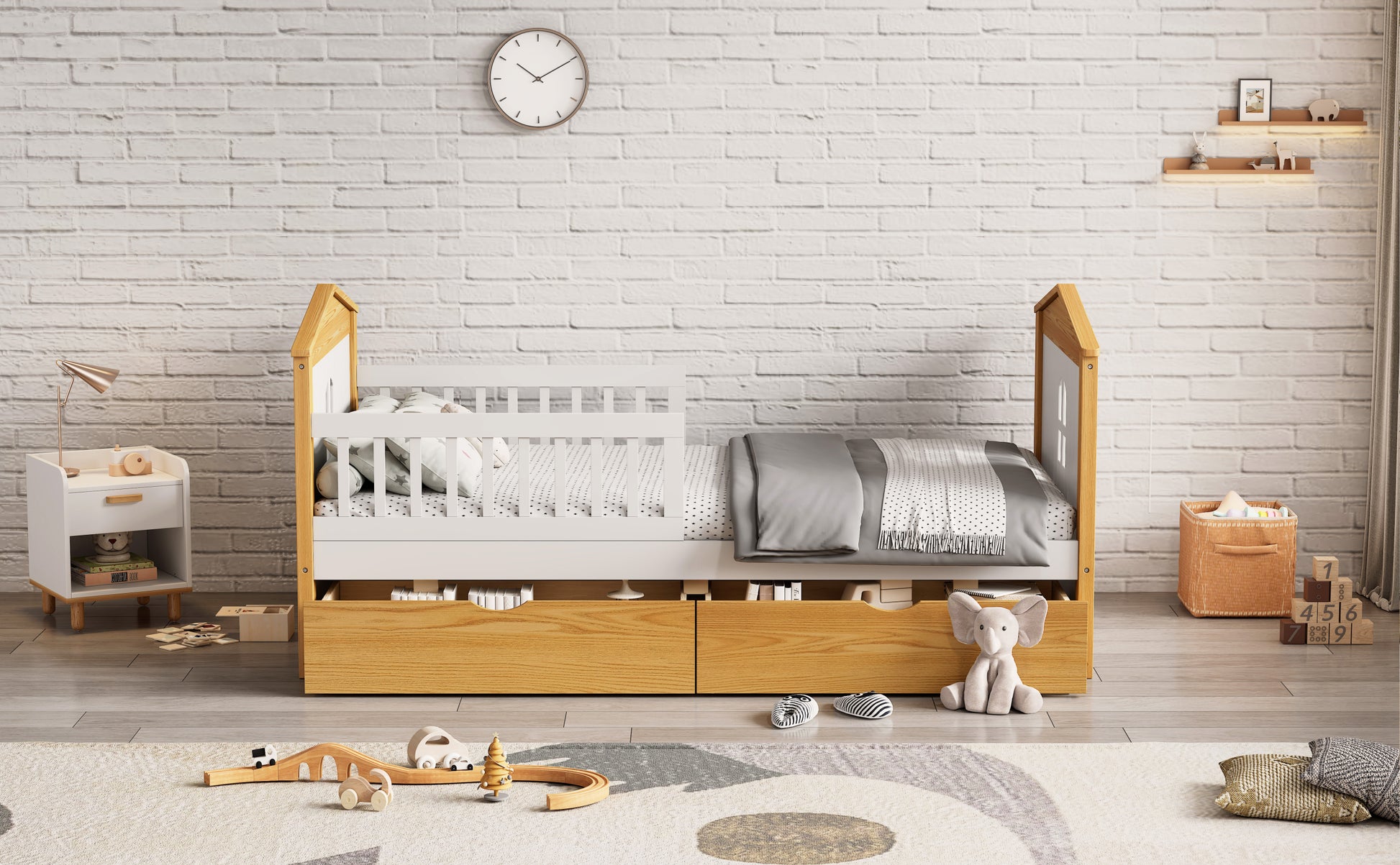 Twin Size House Shape Bed With Two Drawers Wooden Bed For Girls Boys Teens, No Box Spring Needed, Walnut And White Box Spring Not Required Twin White Walnut Wood Bedroom Cute Pine Bed Frame Wood