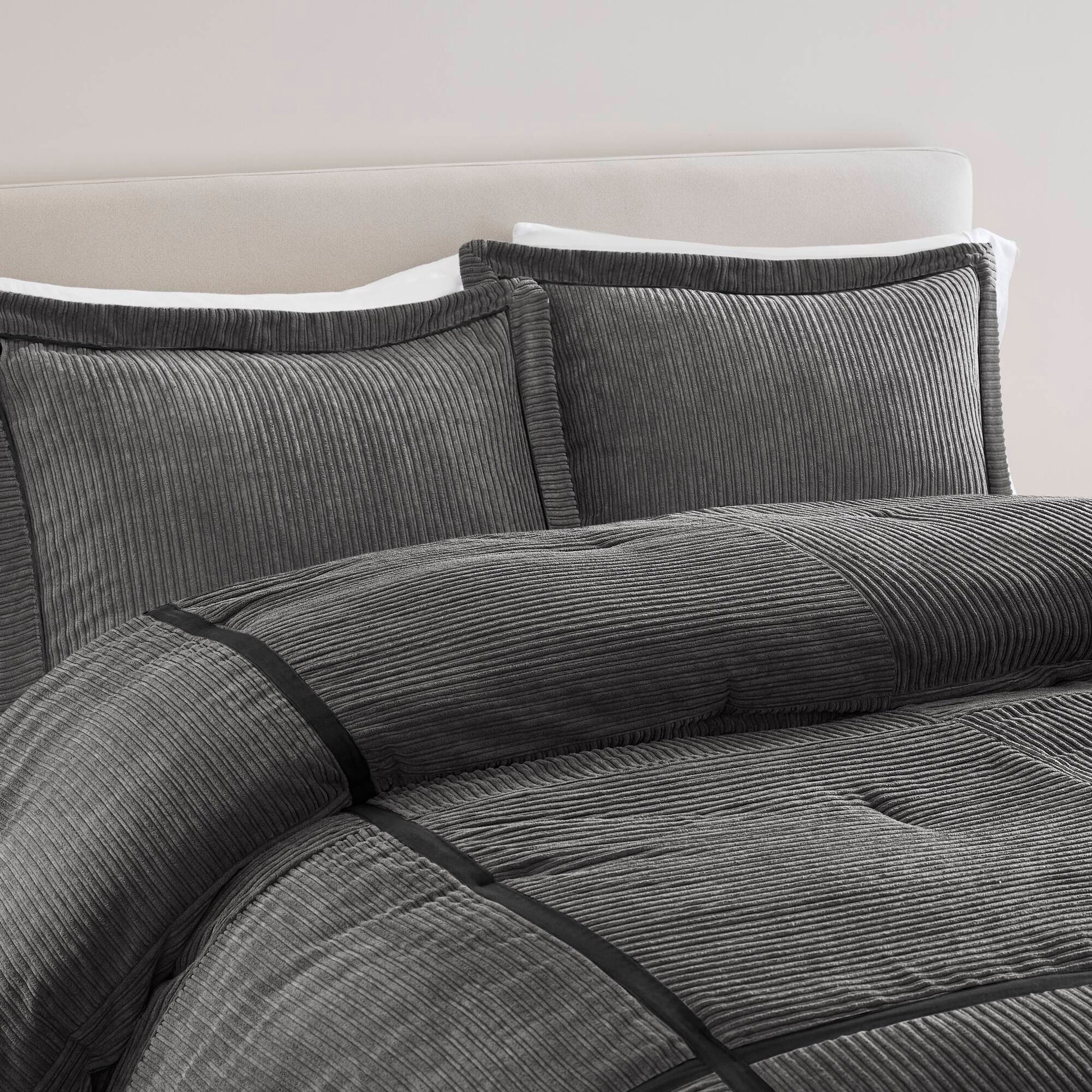 7 Piece Micro Corduroy Comforter Set Grey Queen Grey Polyester