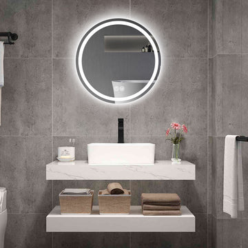 24In. H Led Single Bathroom Vanity Mirror Polished Crystal Bathroom Round Vanity Mirror For Smart Lighting On Bathroom Walls Transparent Glass