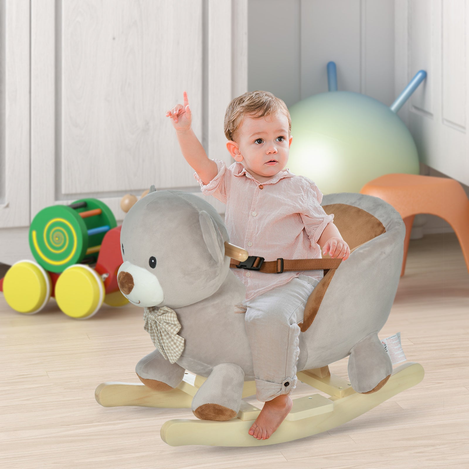 Qaba Kids Rocking Horse, Bear Shaped Plush Toddler Ride On Horse With Sound, Wooden Base & Safety Belt For 18 36 Months, Gray Gray Plush