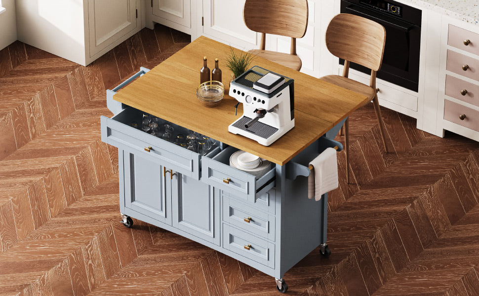 K&K 52'' Kitchen Island With Drop Leaf, Embossed Texture Kitchen Island On Wheels With Spice Rack, Towel Rack, 2 Doors And 5 Drawers, Kitchen Storage Cart With Adjustable Shelf For Kitchen, Blue