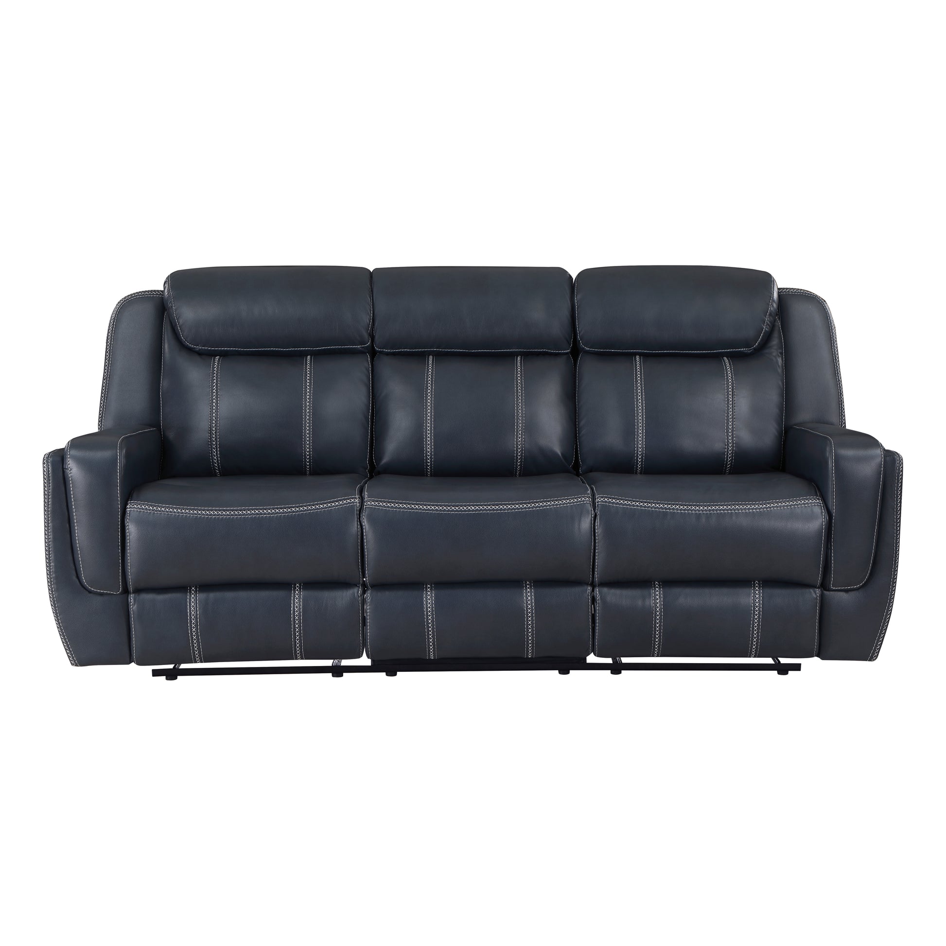 Modern Blue Dual Reclining Sofa With Center Drop Down Cup Holders,Faux Leather Upholstery, Usb Ports Living Room Furniture 1Pc Blue Faux Leather Wood Primary Living Space Modern Plywood,Solid Wood 3 Seat