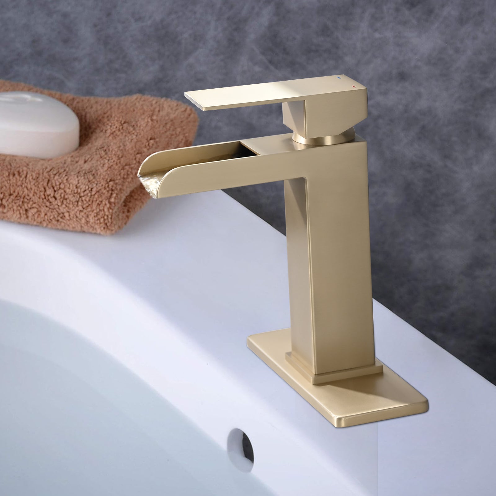 Waterfall Bathroom Faucet Brushed Gold Single Handle Bathroom Sink Faucets 1 Or 3 Hole Solid Vanity Faucet With Deck Plate & Overflow Pop Up Drain Brushed Gold One Brushed Gold Deck Mounted Bathroom Gold Stainless Steel