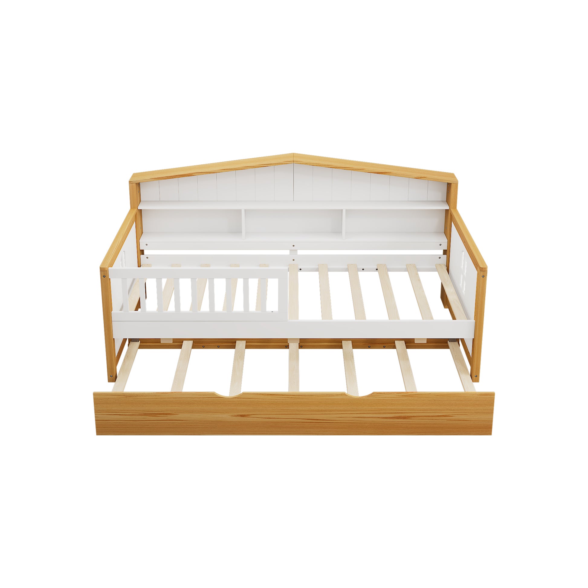 Twin Size House Shape Daybed With Trundle And Bookcase Headboard Wooden Bed For Girls Boys Teens, No Box Spring Needed, Walnut And White Box Spring Not Required Twin White Walnut Wood Bedroom Cute Pine Bed Frame Wood