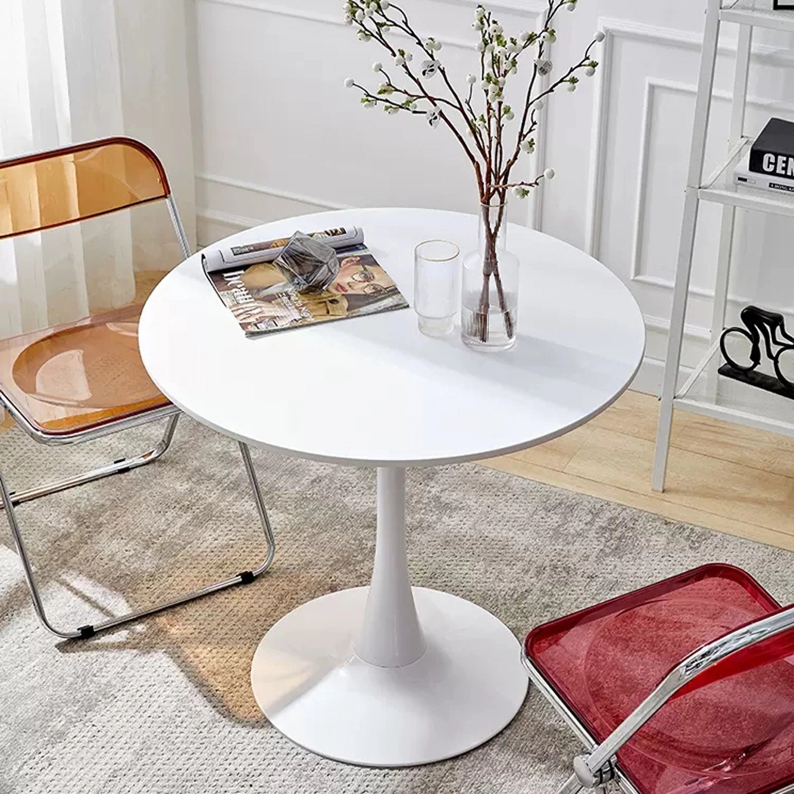 White Round Table, Modern Dining Table, Mdf Top And Steel Base Tulip Round Kitchen Table, Mid Century Coffee Table For Living Room 24 Inch White Mdf Steel