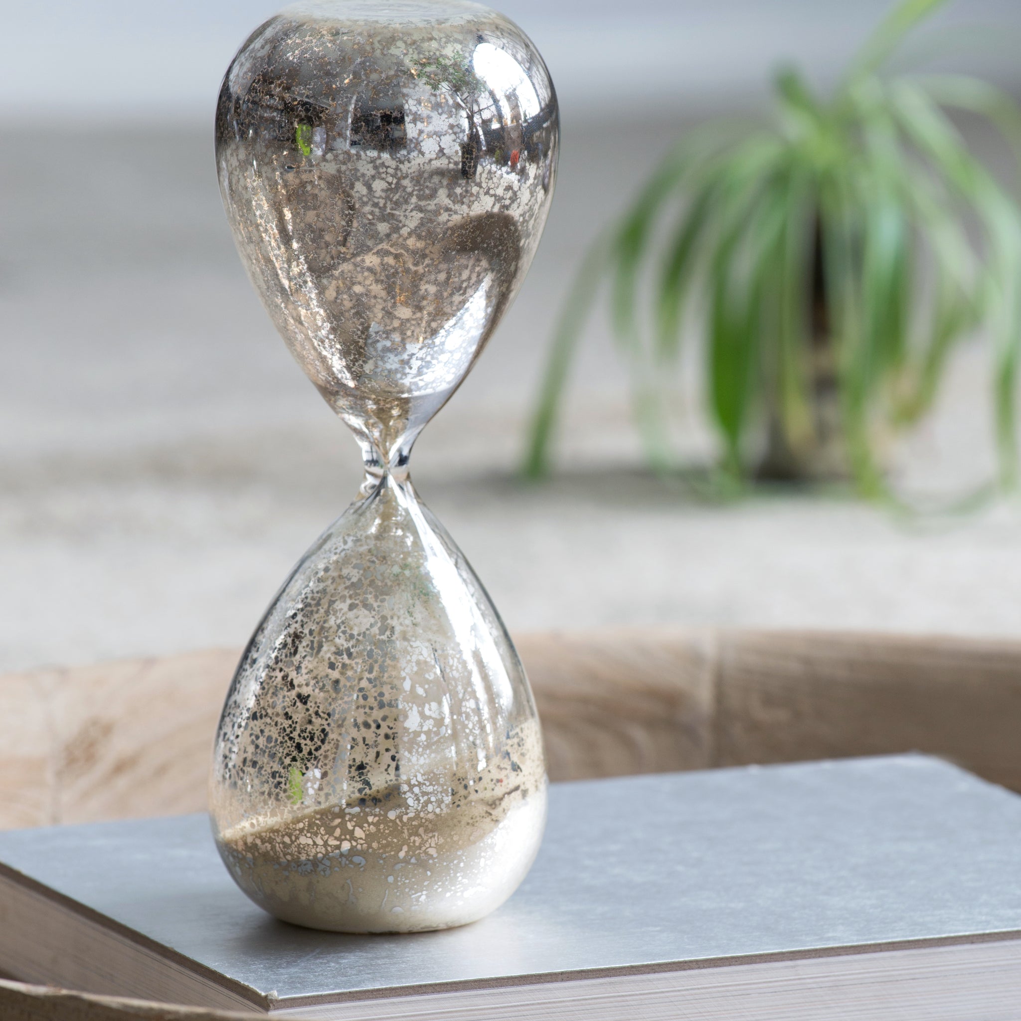 10" Peleus 60 Minute Silvered Hourglass, Bisque Sand Beige Cream Glass