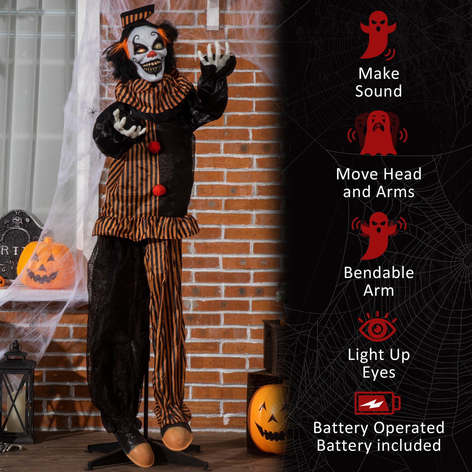 Outsunny 67" Life Size Outdoor Halloween Decorations Talking Circus Clown, Animatronic Animated Prop, D Cor With Sound And Motion Activated Light Up Eyes, Laughter Multicolor Polyester