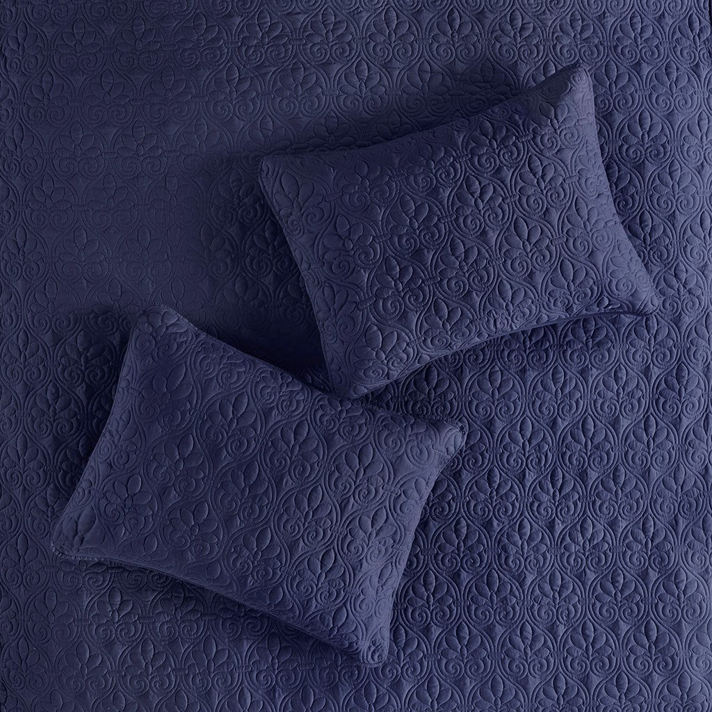 3 Piece Split Corner Pleated Quilted Bedspread Navy King Navy Polyester