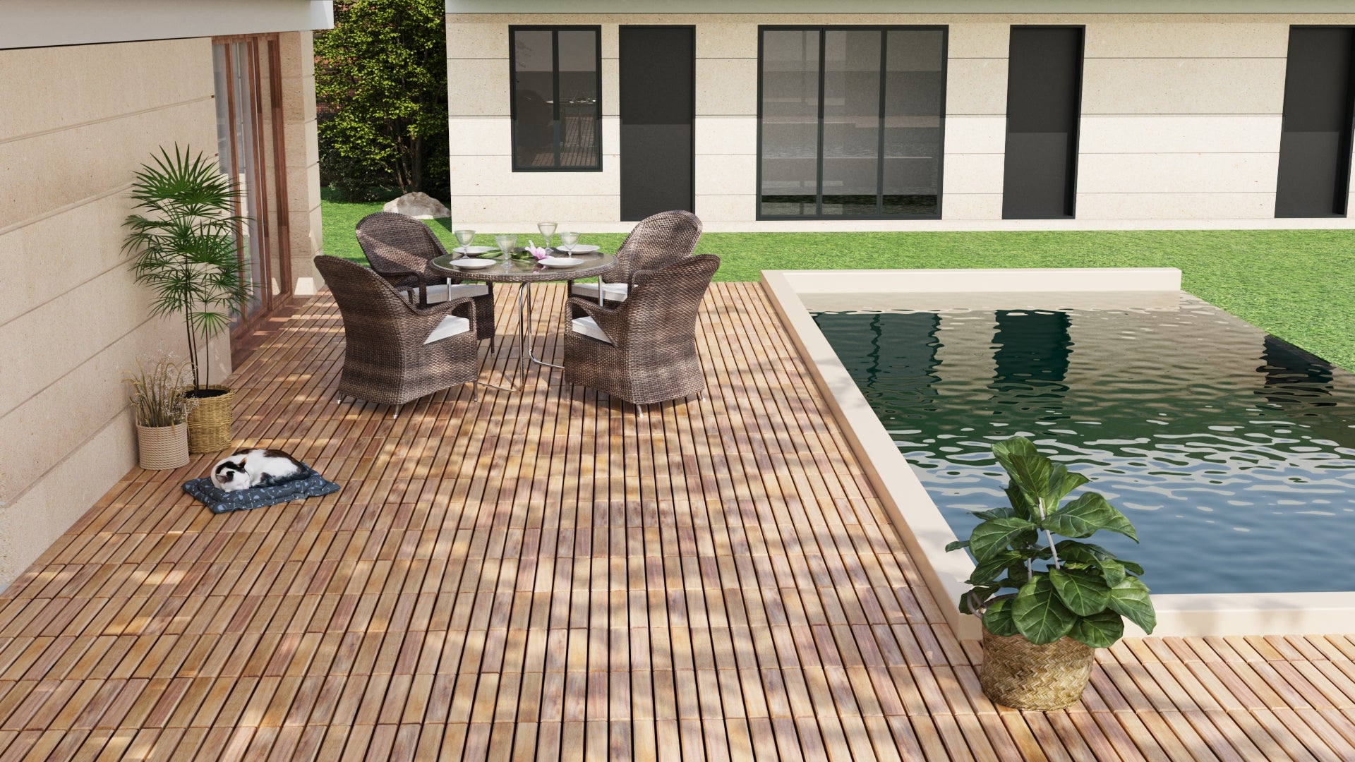 30 Pcs Interlocking Deck Tiles Striped Pattern, 12" X 12" Square Yellow Acacia Hardwood Outdoor Flooring For Patio, Bancony, Pool Side,.. Yellow Garden & Outdoor American Design,American Traditional Acacia Wood