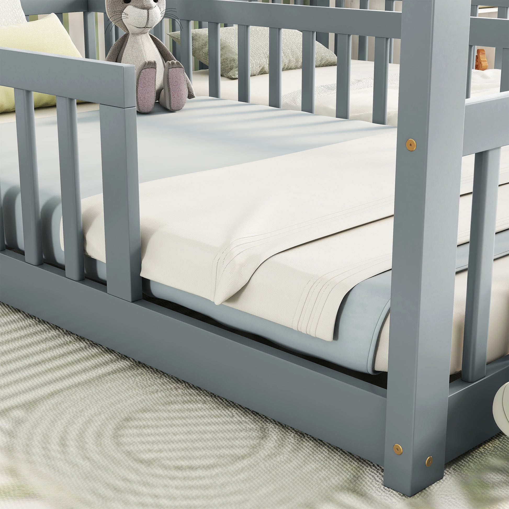 Double Twin House Style Floor Bed With Fence, Guardrails, Without Door, Grey Twin Grey American Design Pine