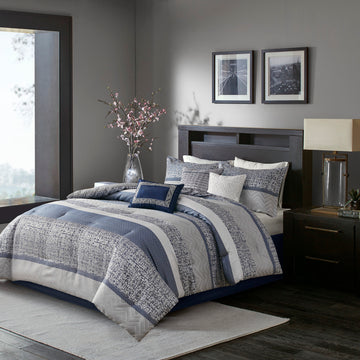 7 Piece Jacquard Comforter Set Navy Cal King California King Navy Polyester