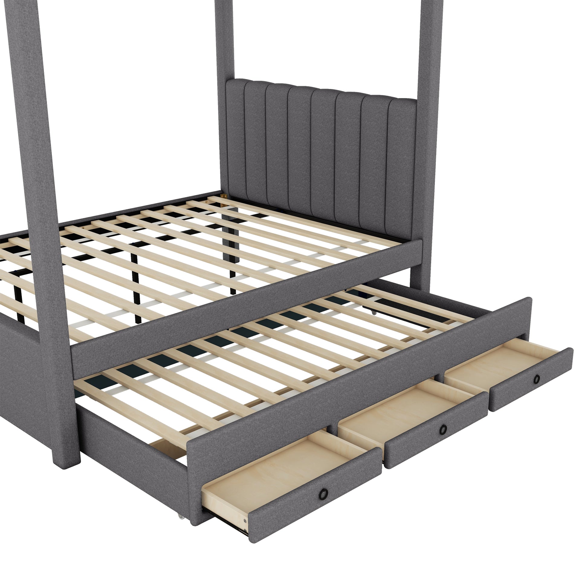 Full Size Upholstery Canopy Platform Bed With Trundle And Three Storage Drawers, Gray Full Gray Upholstered