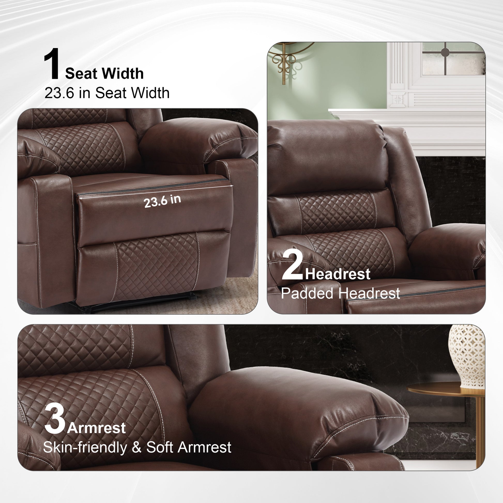 Leather Massage Recliner Chair Manual Living Room Reclining Sofa Brown Faux Leather Manual Handle Metal Primary Living Space Soft Cushion Back Heavy Duty American Design,American Traditional,Antique,Classic Pillow Top Arms Foam Pu Leather