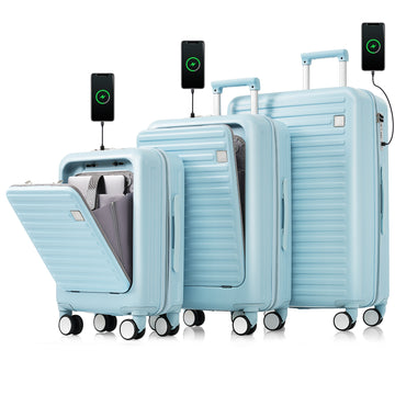 Luggage Set Of 3, 20, 24, 28Inch With Usb Port, 20, 24Inch With Front Opening Design Airline Certified Carry On Luggage With Cup Holder, Abs Hard Shell Luggage With Spinner Wheels, Light Blue Blue Abs