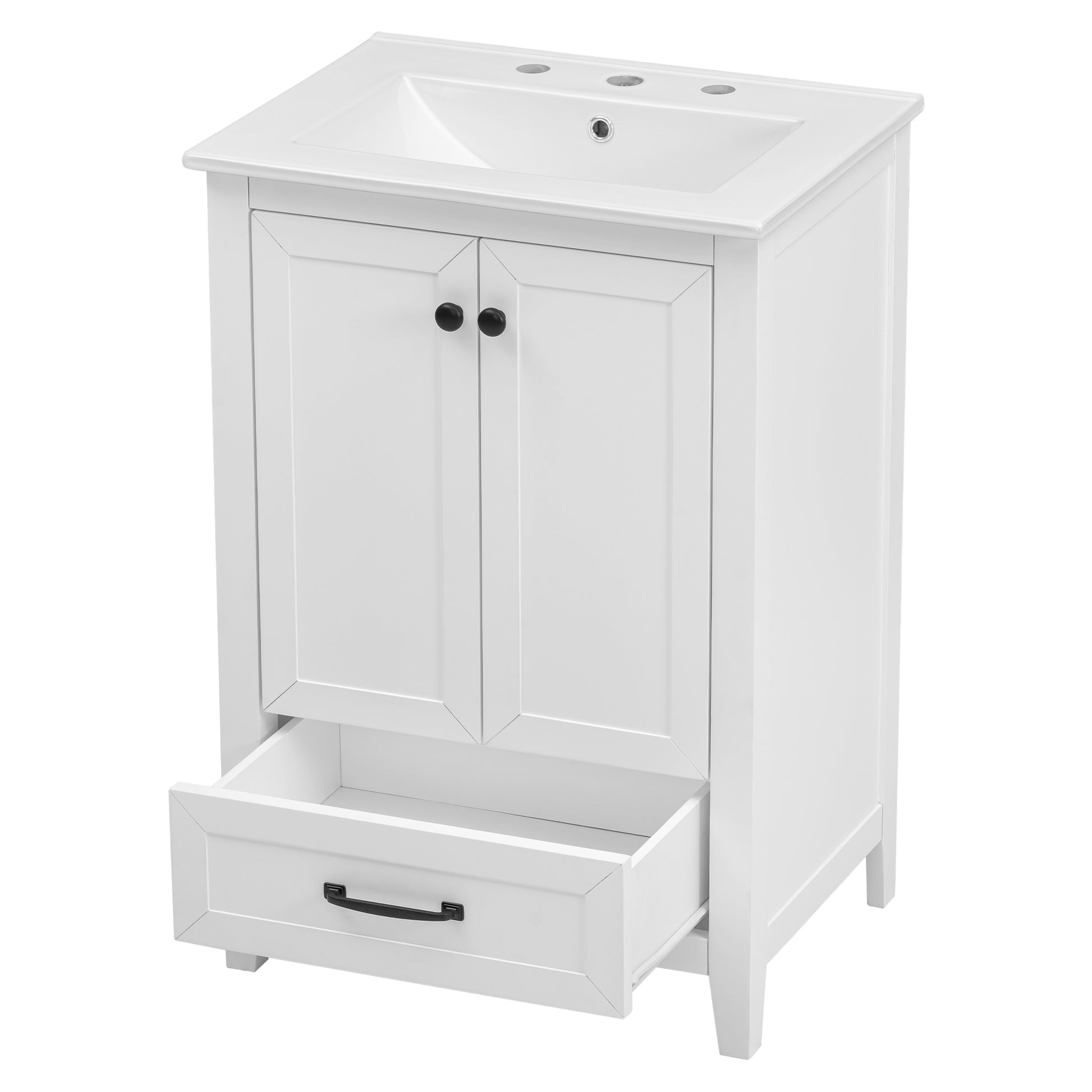 24" Bathroom Vanity With Sink, Bathroom Vanity Cabinet With One Drawer And Doors, Solid Wood And Mdf, White White Solid Wood Mdf