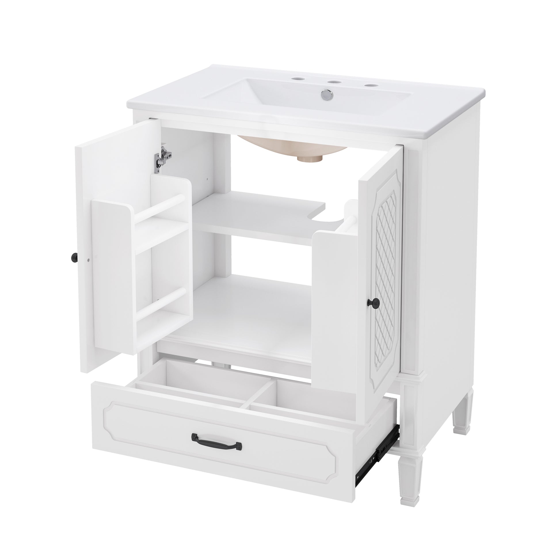 30" Bathroom Vanity With Sink Vintage Style, Multi Functional Storage Space, Door Shelf, Soft Closing Door, White White Acacia Wood,Ceramic Mdf