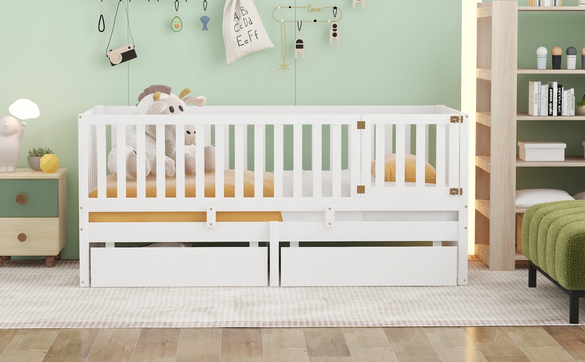 Twin Size Wood Daybed With Fence Guardrails And 2 Drawers, Split Into Independent Floor Bed & Daybed, White Old Sku :Lp000881Aak Twin White Solid Wood Mdf