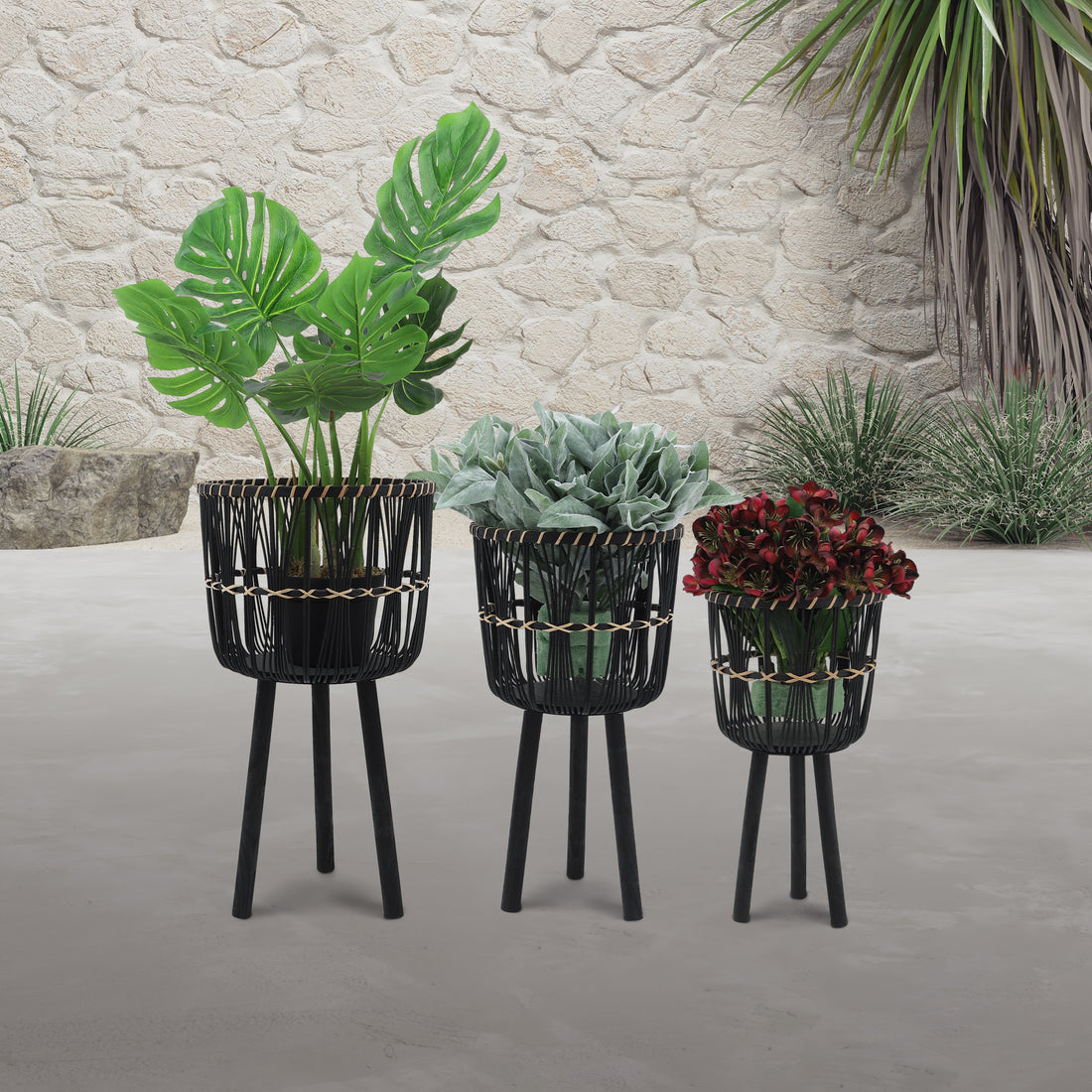 S 3 Bamboo Planters 11 13 15", Black Black Bamboo