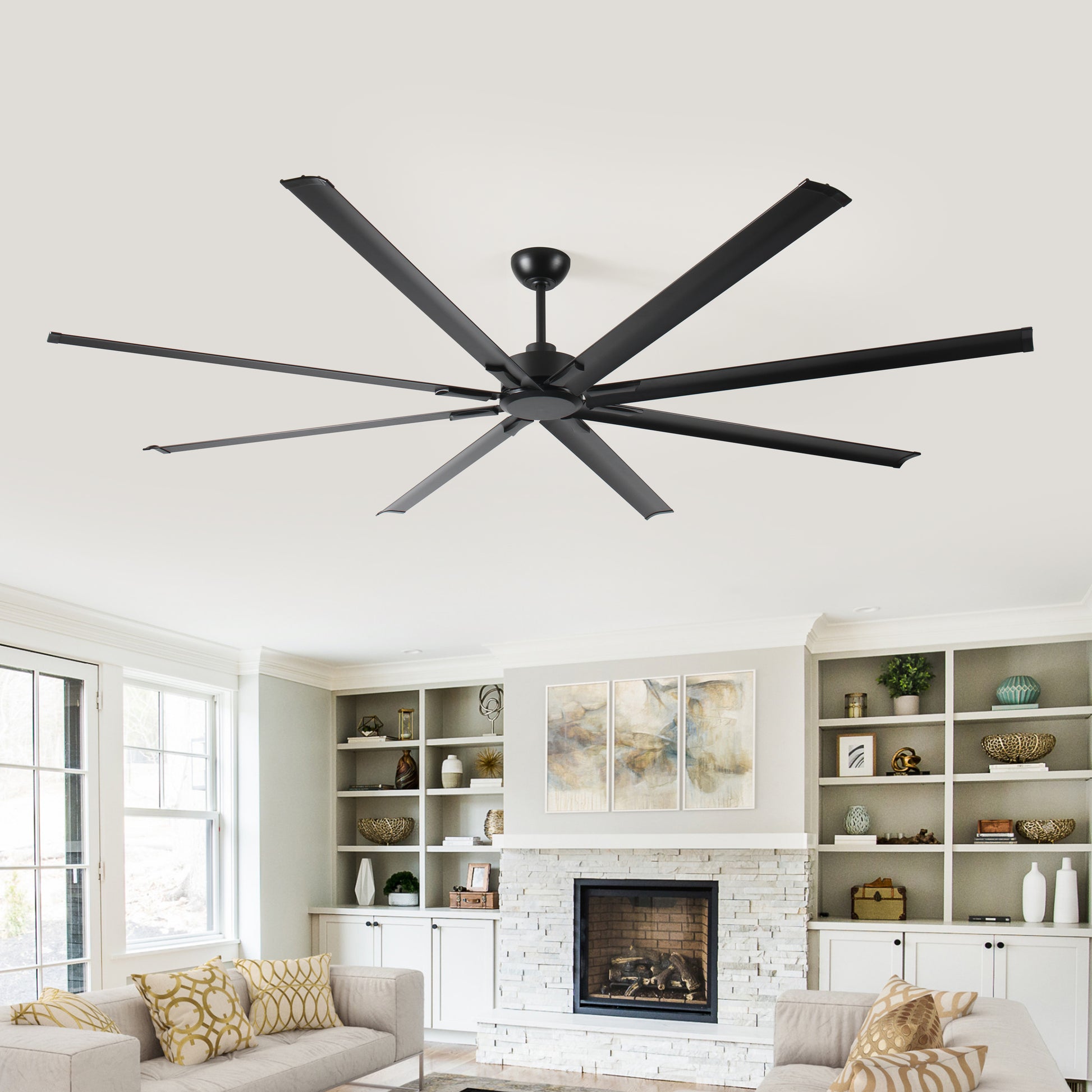 96 Inch Industrial Dc Motor Ceiling Fan, Large Ceiling Fan With 8 Reversible Blades, 5 Speed Remote Control, Home Or Commercial Ceiling Fans For Porch Garage Shop, Black Black Aluminium