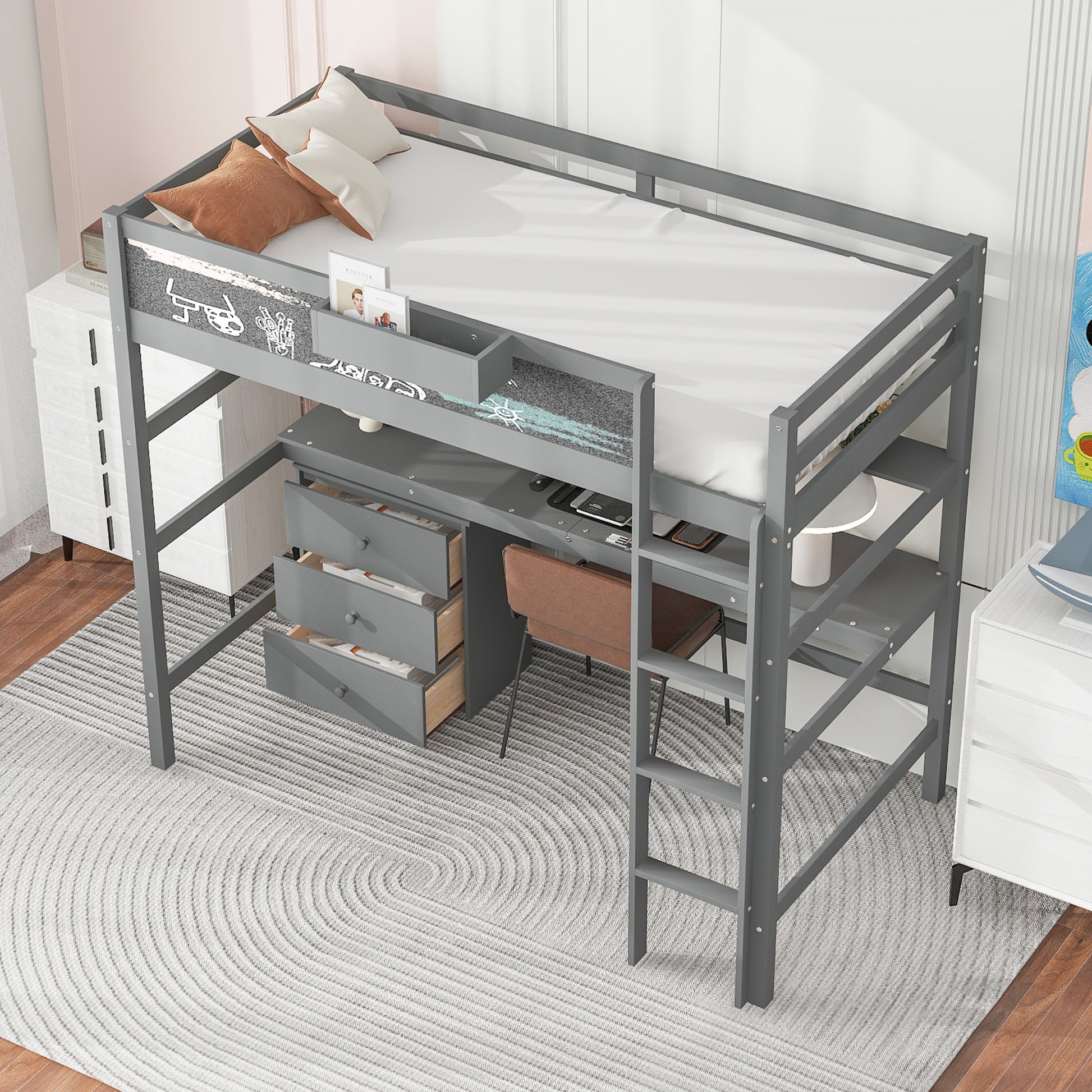 Wood Twin Size Loft Bed With Desk, Blackboard, Storage Box, Shelf And 3 Drawers, Gray Box Spring Not Required Twin Gray Wood Solid Wood Mdf