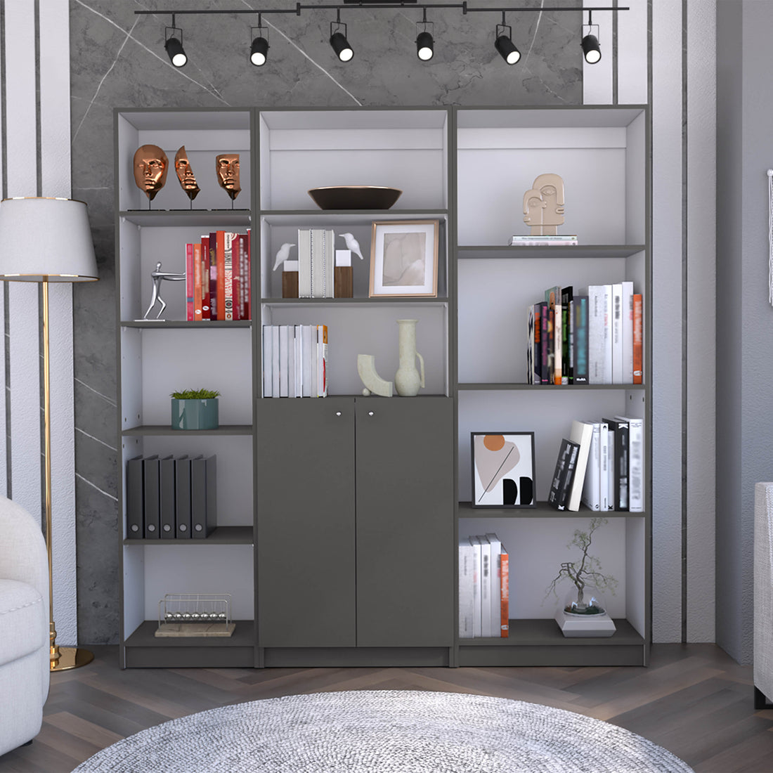 Poole 3 Piece Home Bookcase Set, 67" Wide With 12 Shelves And 2 Door Cabinetliving Room Set Matt Gray White Freestanding 5 Or More Shelves Gray White Matte,Multicolor Office Open Storage Space