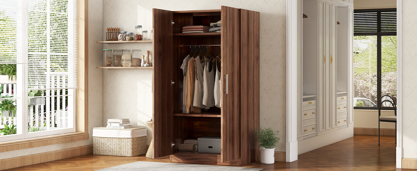 2 Door Wooden Wardrobe Armoire With 3 Storage Shelves, Brown Brown Solid Wood Mdf