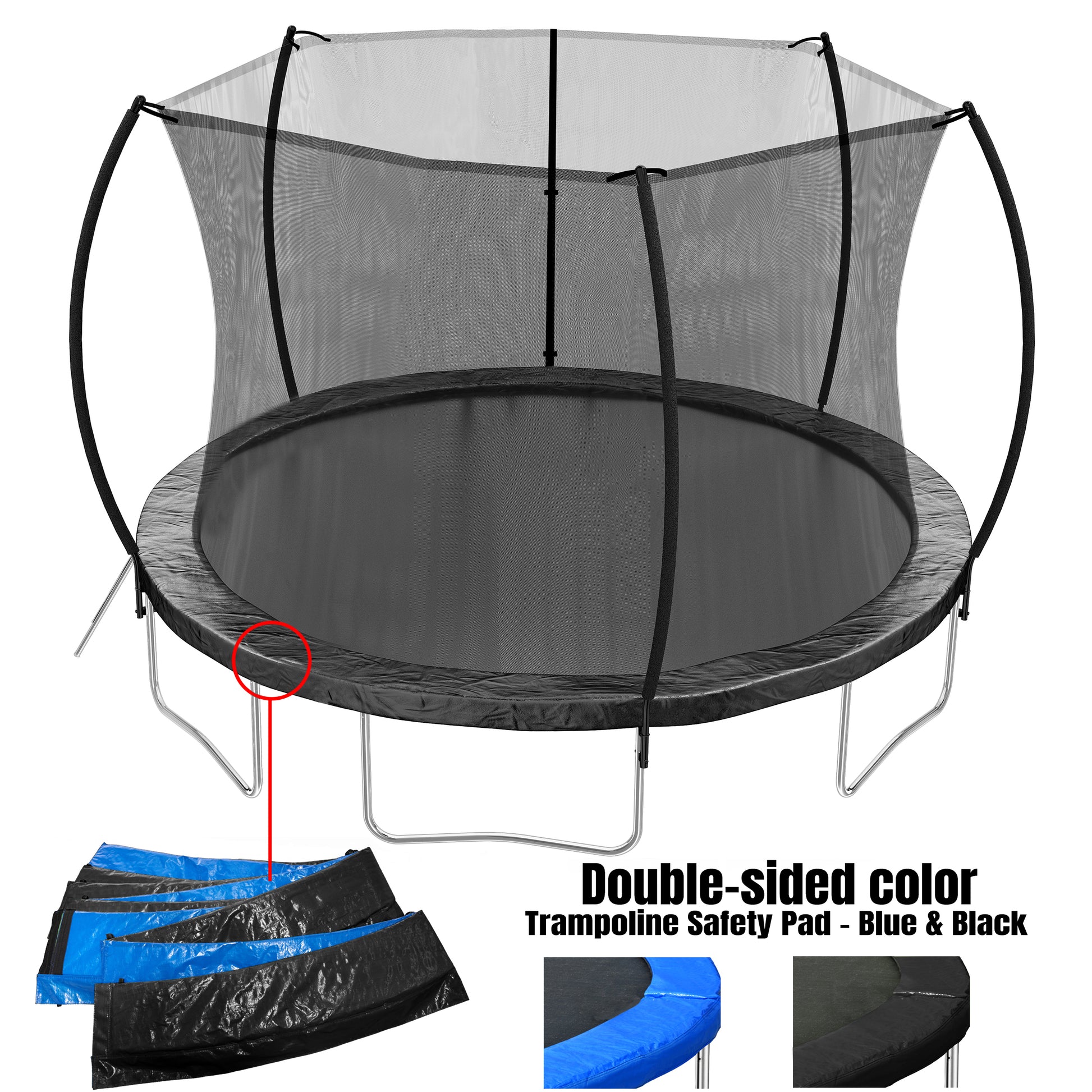 12Ft Trampoline Double Side Color Pad Trampoline For Kids And Adults With Enclosure Net And Ladder,Curved Fence Pole Black Steel Steel