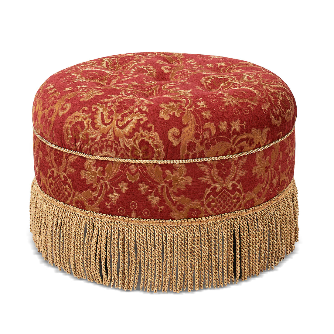 Yolanda 24" Round Upholstered Accent Ottoman, Red Gold Da Jacquard With Gold Trim Red Foam Fabric