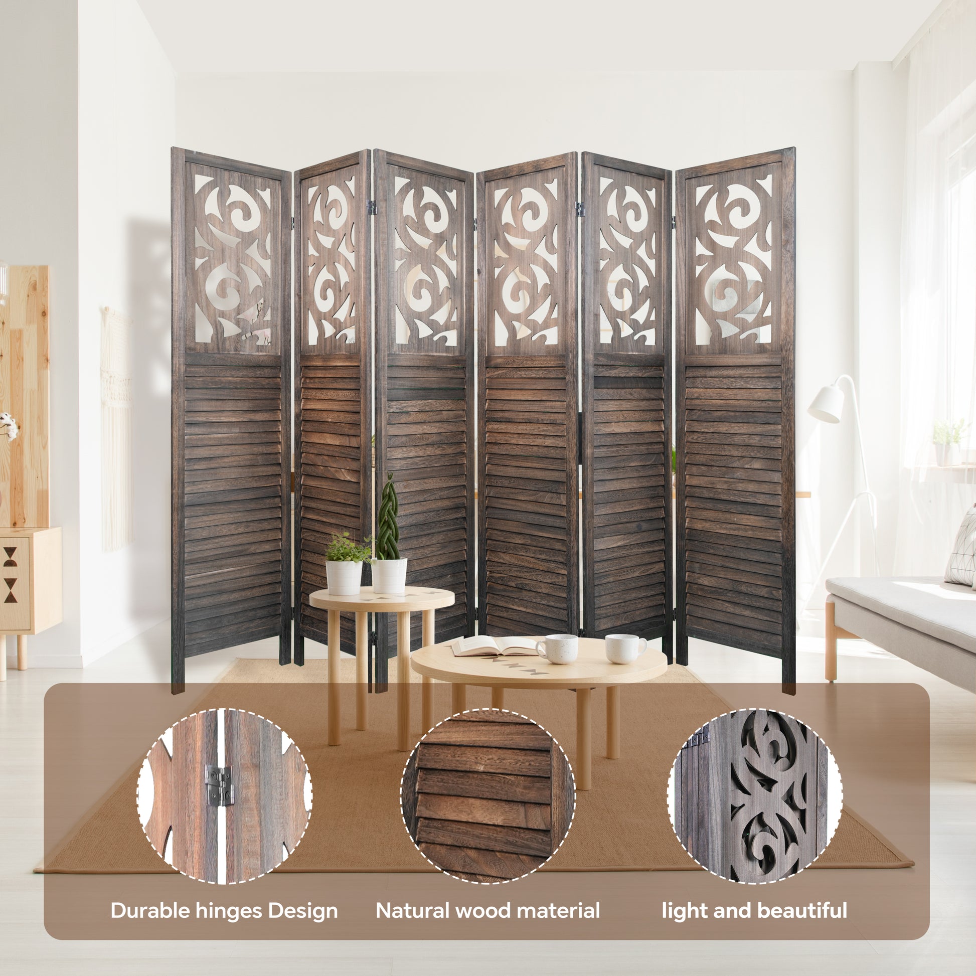 6 Panel Room Dividers, 6Ft Carved Wood Room Divider Partition Room Dividers Wall Wooden Carved Folding Privacy Screens Foldable Panel Wall Divider For Office Restaurant, Rustic Brown Rustic Brown Classic Wood