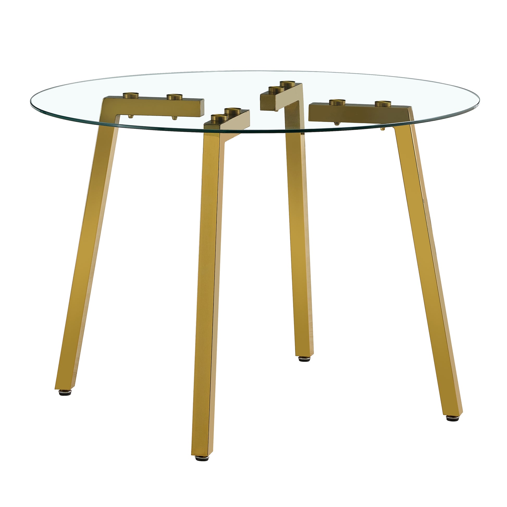 Table And Chair Set.A Modern Minimalist Style Round Clear Tempered Glass Table With Metal Legs.Paried With Black Chairs With Modern Pu Leather High Back Upholstered And C Tube Golden Legs. Transparent Seats 6 Glass