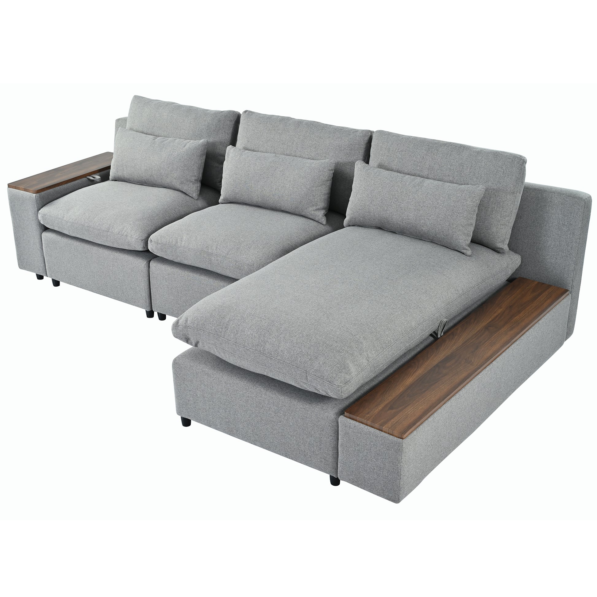 L Shaped Modular Sectional Sofa With Removable Back Cushions,3 Pillows And 2 Storage Spaces,Suitable For Living Rooms,Offices And Apartments Gray Polyester 3 Seat