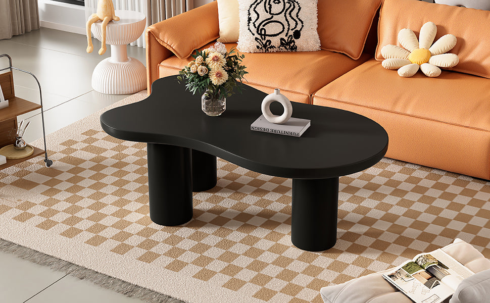 44'' X 25.9'' Easy Assembly Cloud Coffee Table With 1.5'' Thick Tabletop, Cream Style Irregular End Table With 3 Sturdy Legs, Sleek Center Table With Round Edge For Living Room, Black Black Mdf