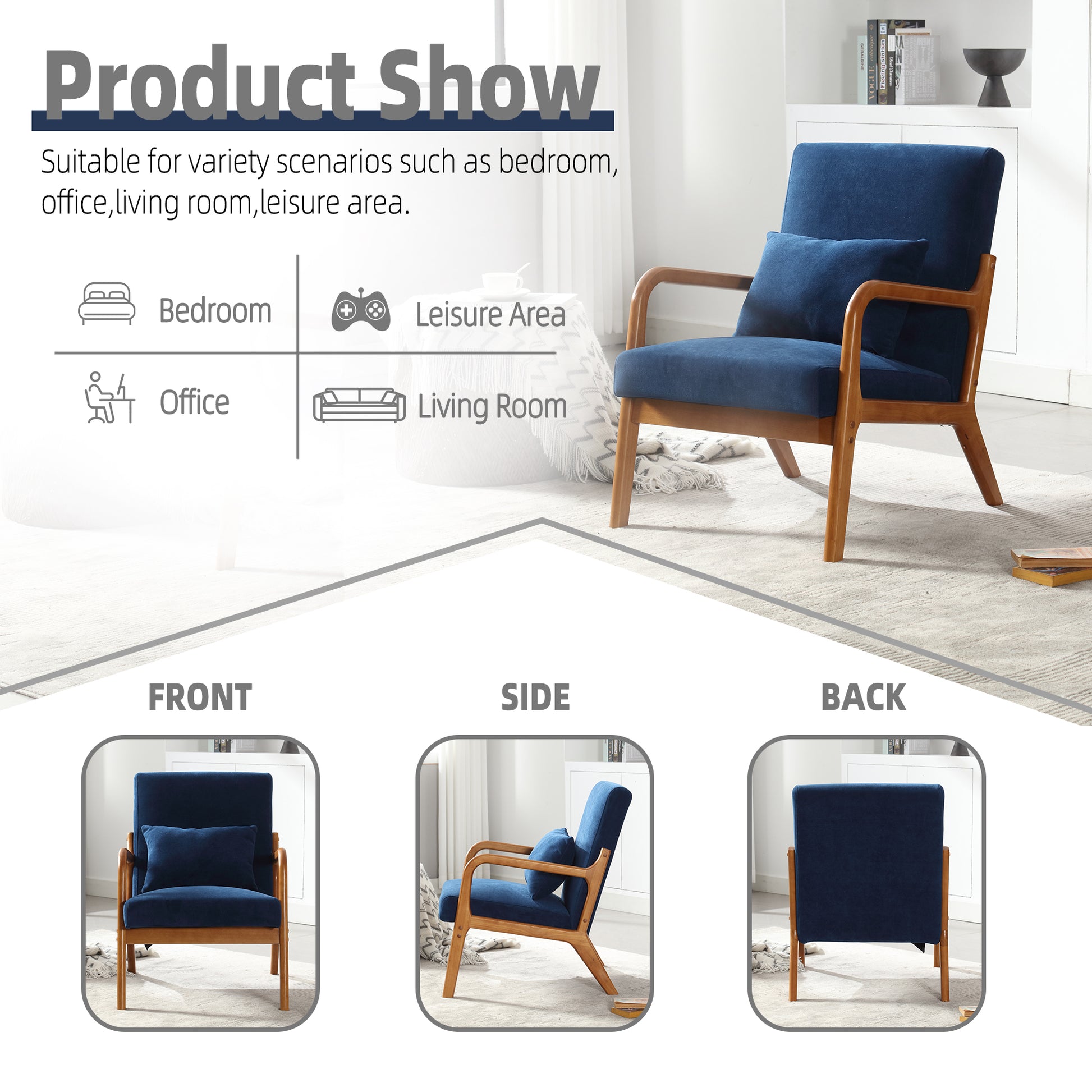 Coolmore Modern Accent Chair, Solid Wood Padding Lounge Armchairs With One Pillow For Living Room, Bedroom, Guest Room Navy Navy Brown Primary Living Space Modern Rubberwood Foam Velvet