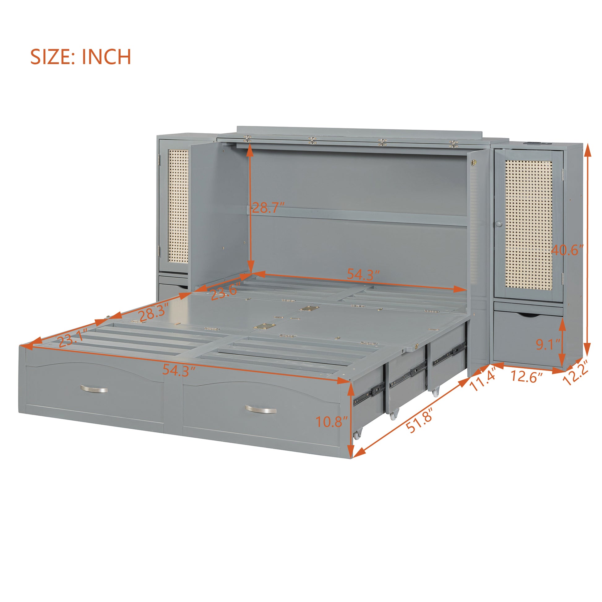 Full Size Murphy Bed Wall Bed With Drawer And Rattan Decoration With 2 Storage Cabinets, One Set Of Sockets & Usb Ports, Pulley Structure Design, Gray Full Gray Plywood