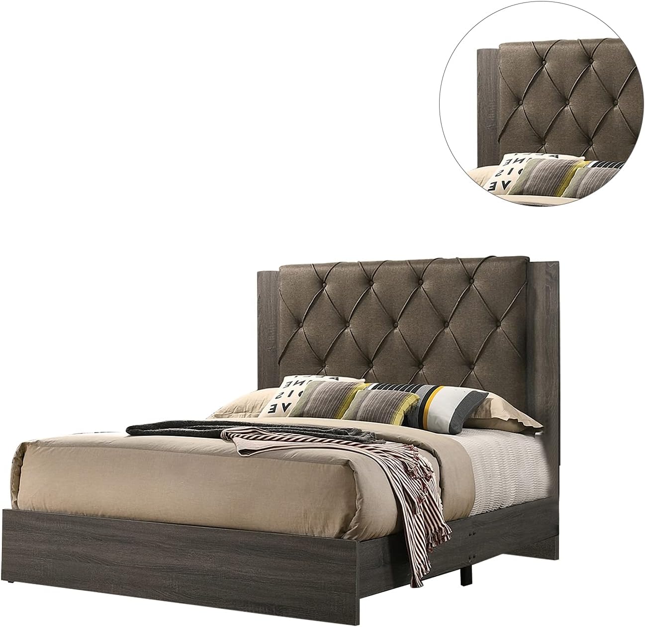 Contemporary 1Pc California King Size Bed Bedroom Furniture Tufted Design Headboard Rubberwood 1Pc Bedframe Gray Finish Box Spring Required California King Gray Wood Bedroom