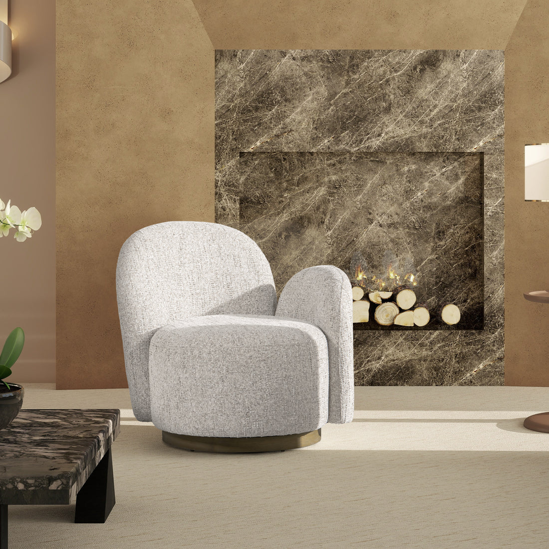 Duo 31.5" Raf One Arm Swivel Accent Chair, Multi Greige Beige Chenille Beige Foam Chenille