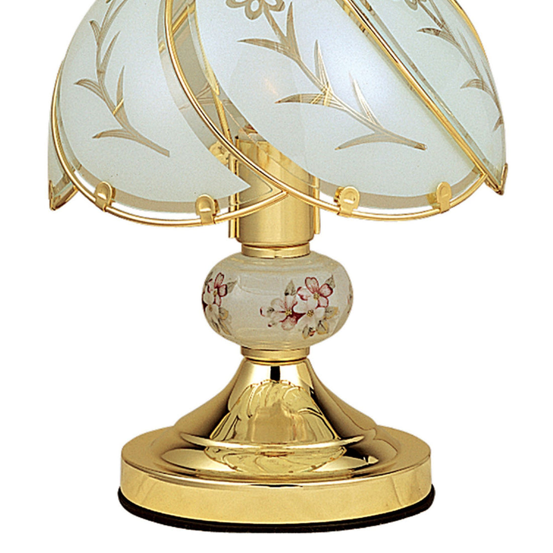 14.25" Tall Touch Table Lamp, Brushed Gold Finish, Floral Patterned Glass Shade Gold Metal