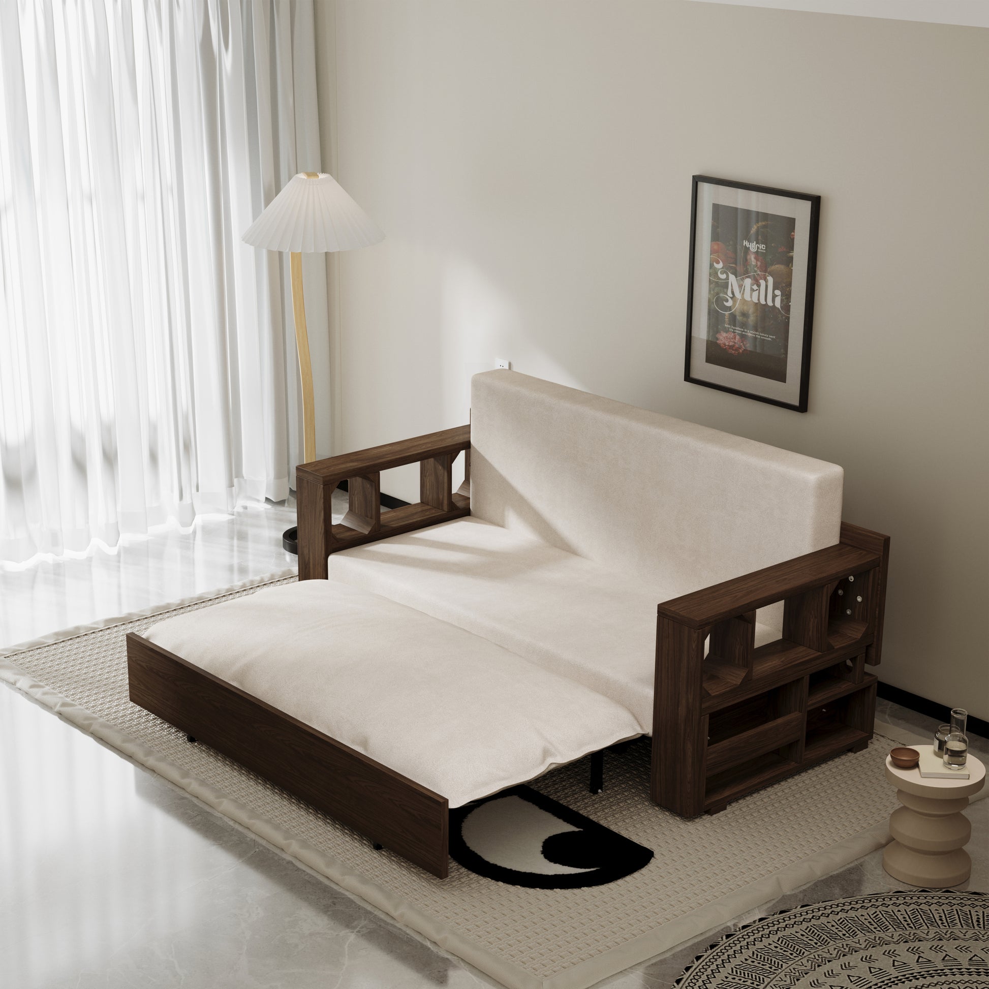 3 In 1 Convertible Sleeper Sofa Bed,Modern Velvet Loveseat Couch With Pull Out Bed,Small Beautiful Seat Futon Sofa Bed With Convertible Office Desk,Beige Beige Metal & Wood 2 Seat