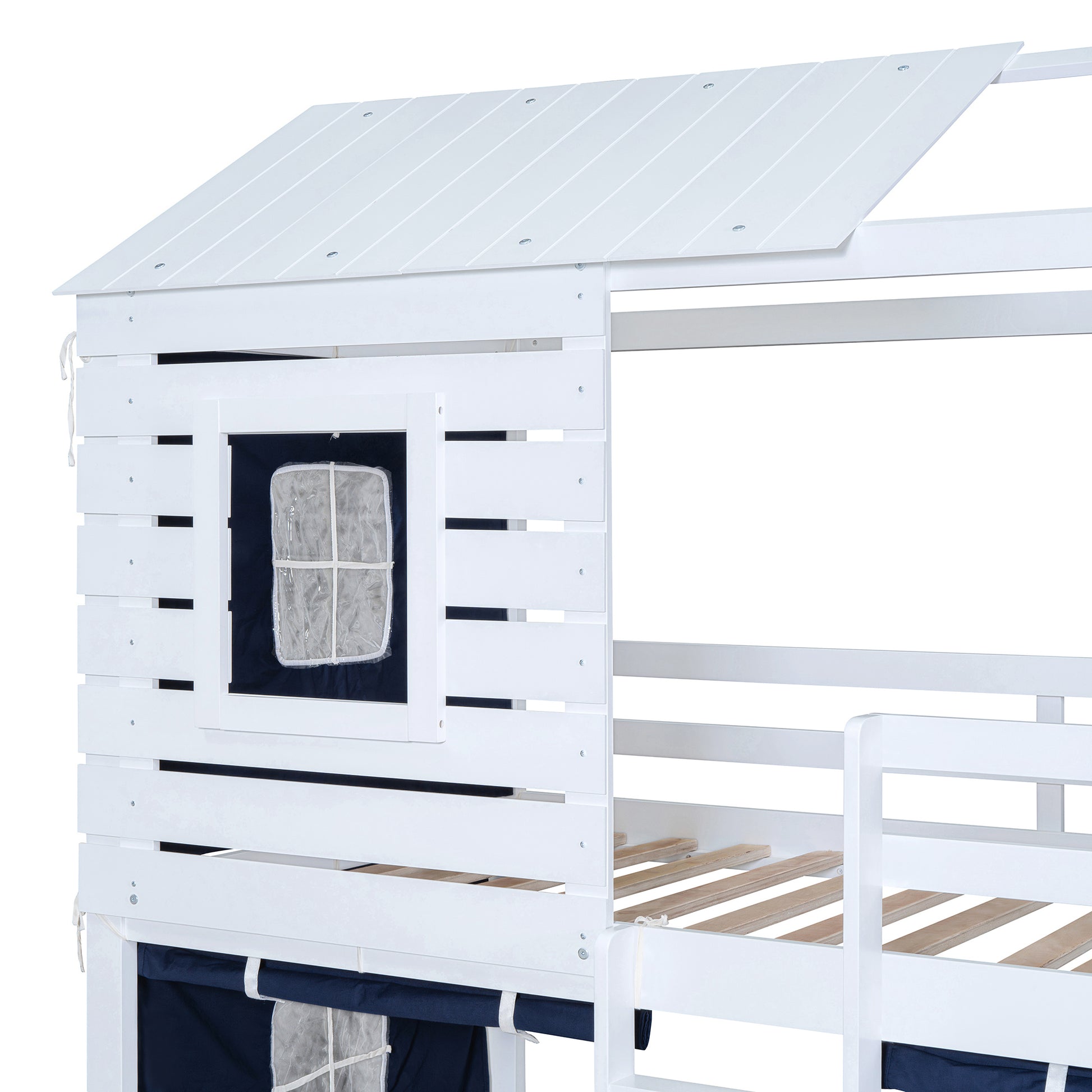 Twin Size Bunk Wood House Bed With Tent, Blue White Twin Blue Solid Wood Mdf