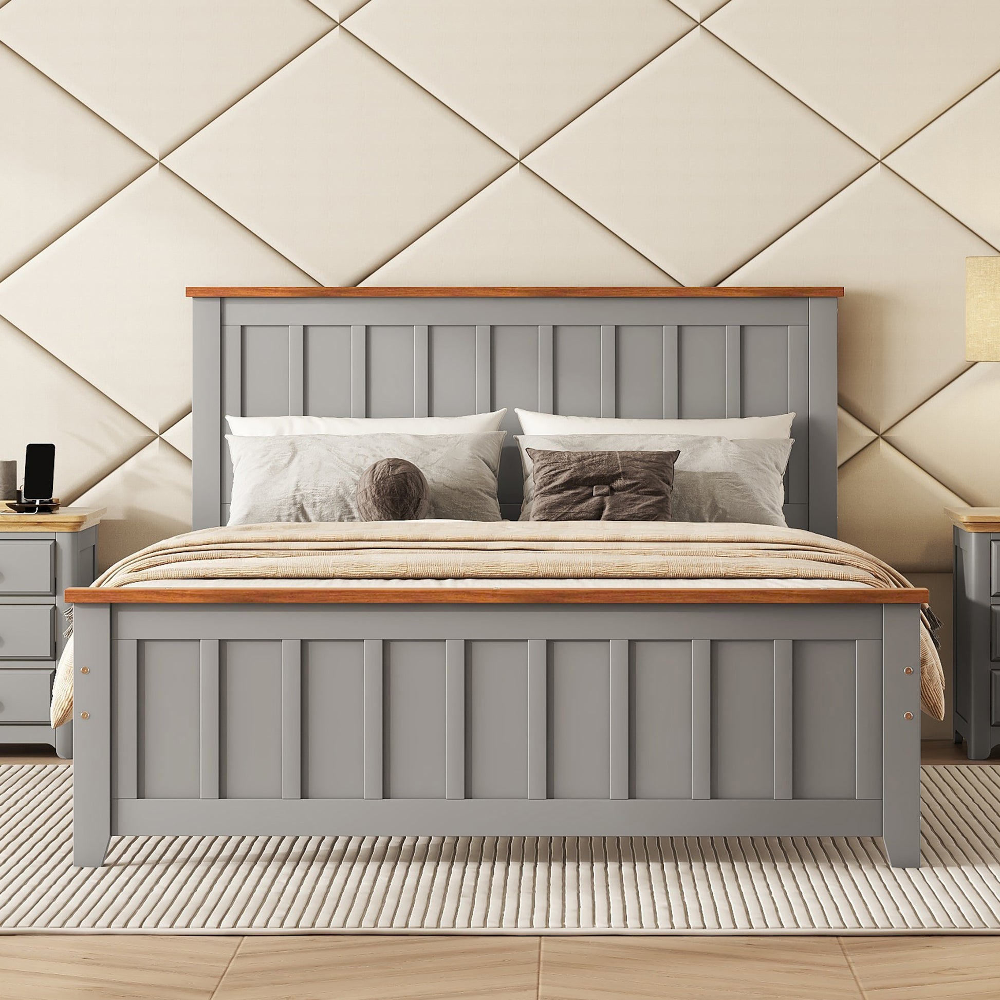 Full Size Wood Platform Bed Wooden Slat Support, Vintage Simple Bed Frame With Rectangular Headboard And Footboard, Grey Box Spring Not Required Full Grey Wood