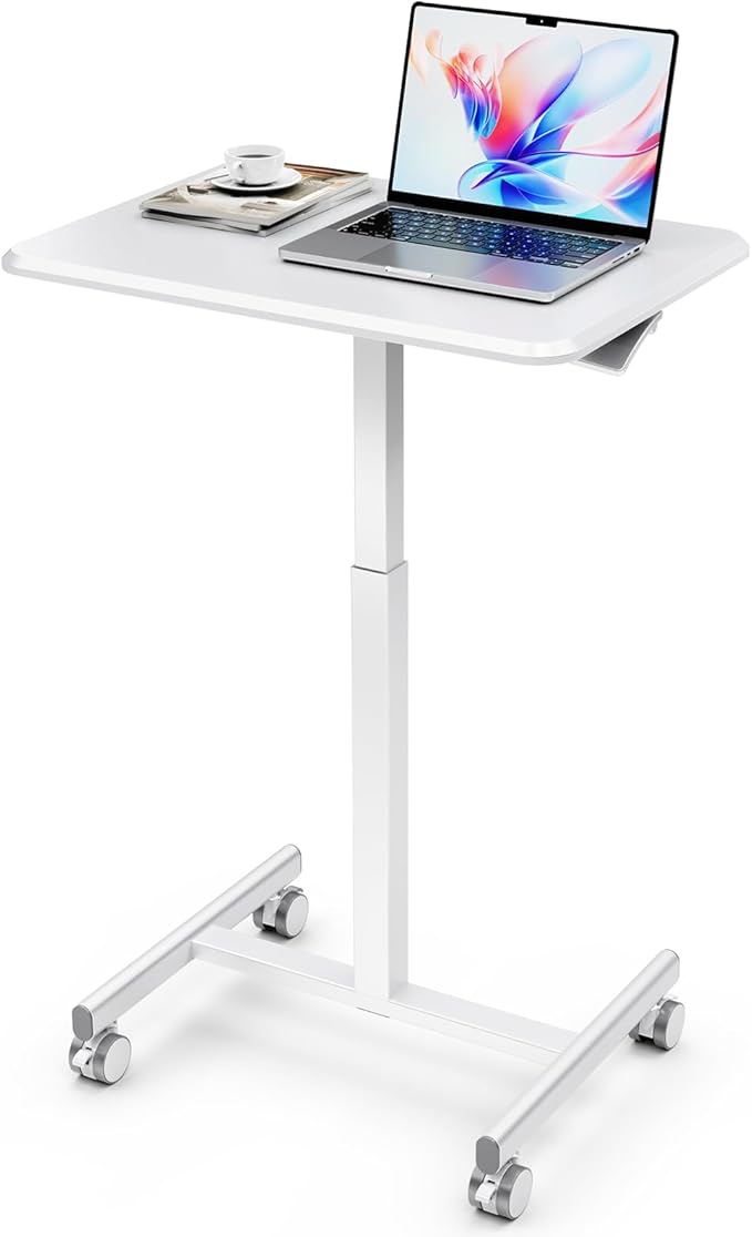 Standing Desk Small Rolling Desk With Lockable Wheels, Mobile Stand Up Desk Adjustable Height, Portable Laptop Desk, Small Computer Standing Table Sit Stand White White Metal & Wood