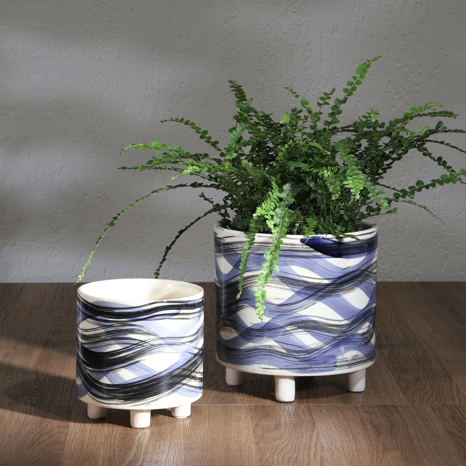 S 2 Footed Planters 9 6", Abstract Blue Blue Ceramic