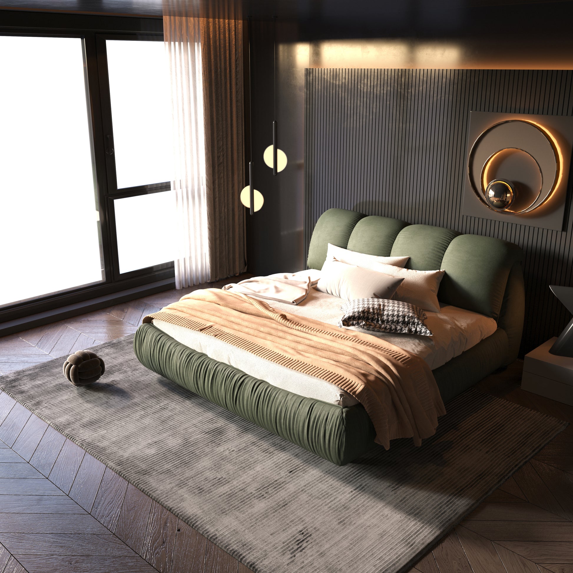 Queen Size Upholstered Platform Bed With Oversized Padded Backrest, Thickening Pinewooden Slats And Solid Wood Leg,Green Box Spring Not Required Queen Green Wood Pine Polyester Solid Wood