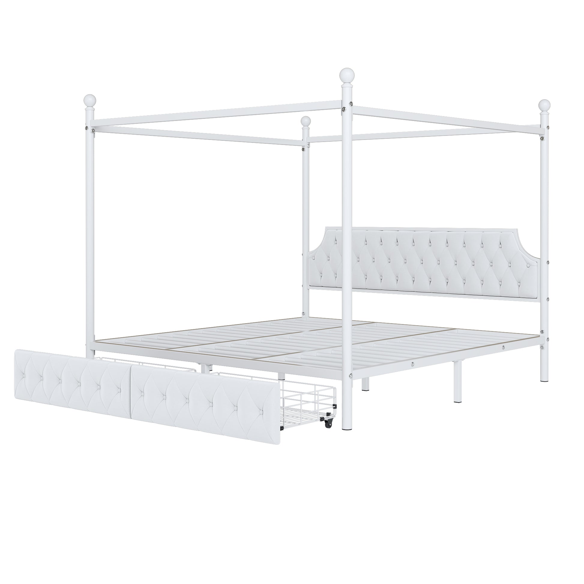 King Size Metal Canopy Platform Bed With Upholstered Headboard And Two Storage Drawers, White King White Metal