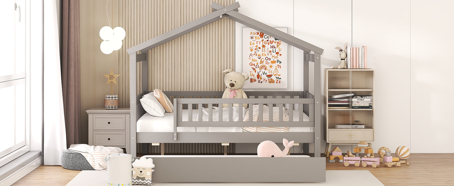 Full Size Wooden House Bed With Twin Size Trundle, Gray Full Gray Solid Wood Mdf