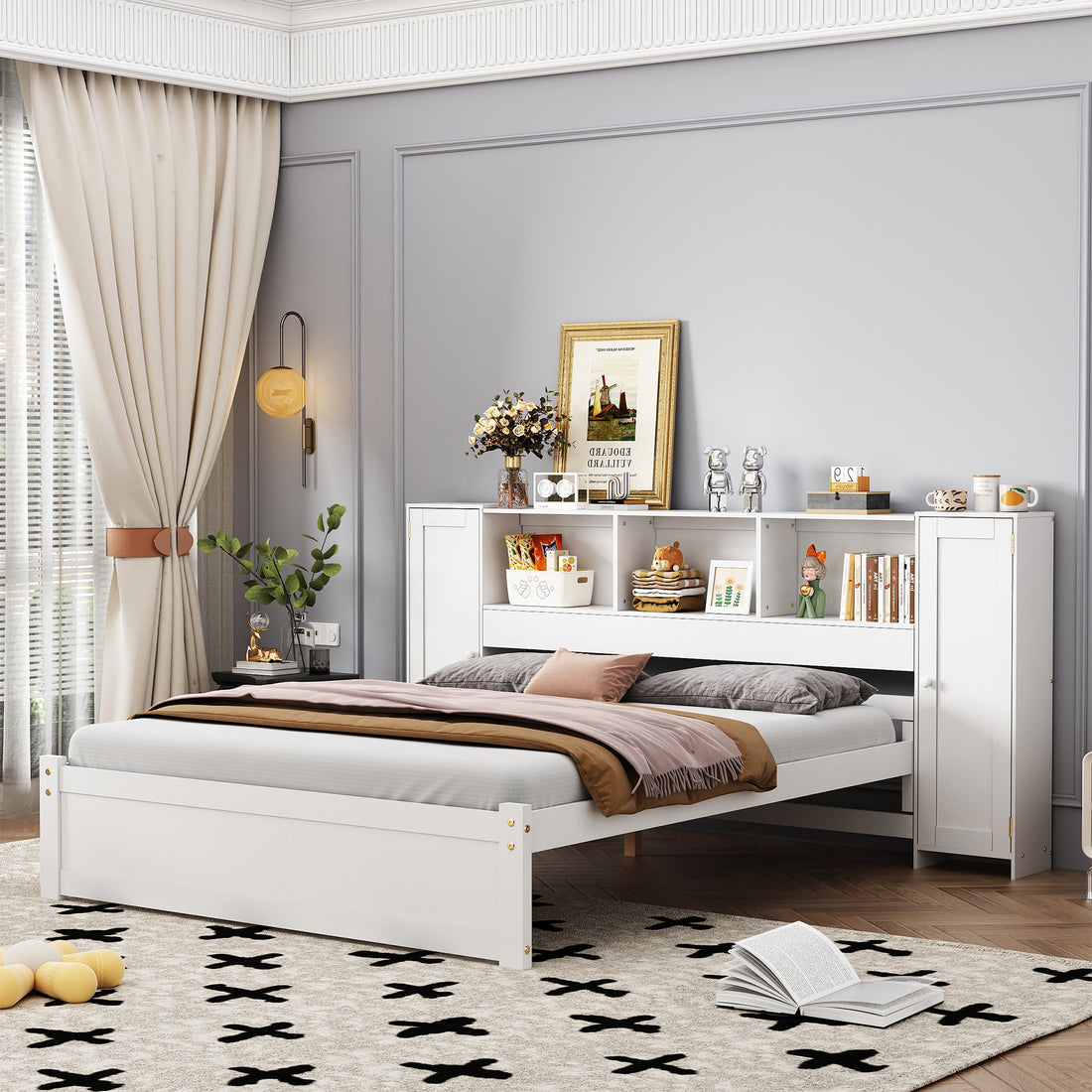 Full Size Platform Bed With Storage Headboard And Lockers, White Full Box Spring Not Required White Wood Bedroom Solid Wood Mdf