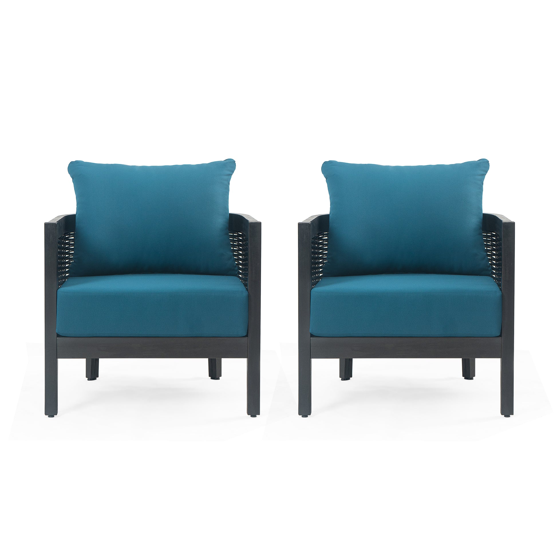 Outdoor Acacia Wood Wicker Club Chair With Cushions,Patio Furniture Conversation Seat For Backyard, Black Polyester Dark Teal Cushion, 27.50" W X 29.50" D X 24.75" H Yes Deep Seating Black,Teal Blue