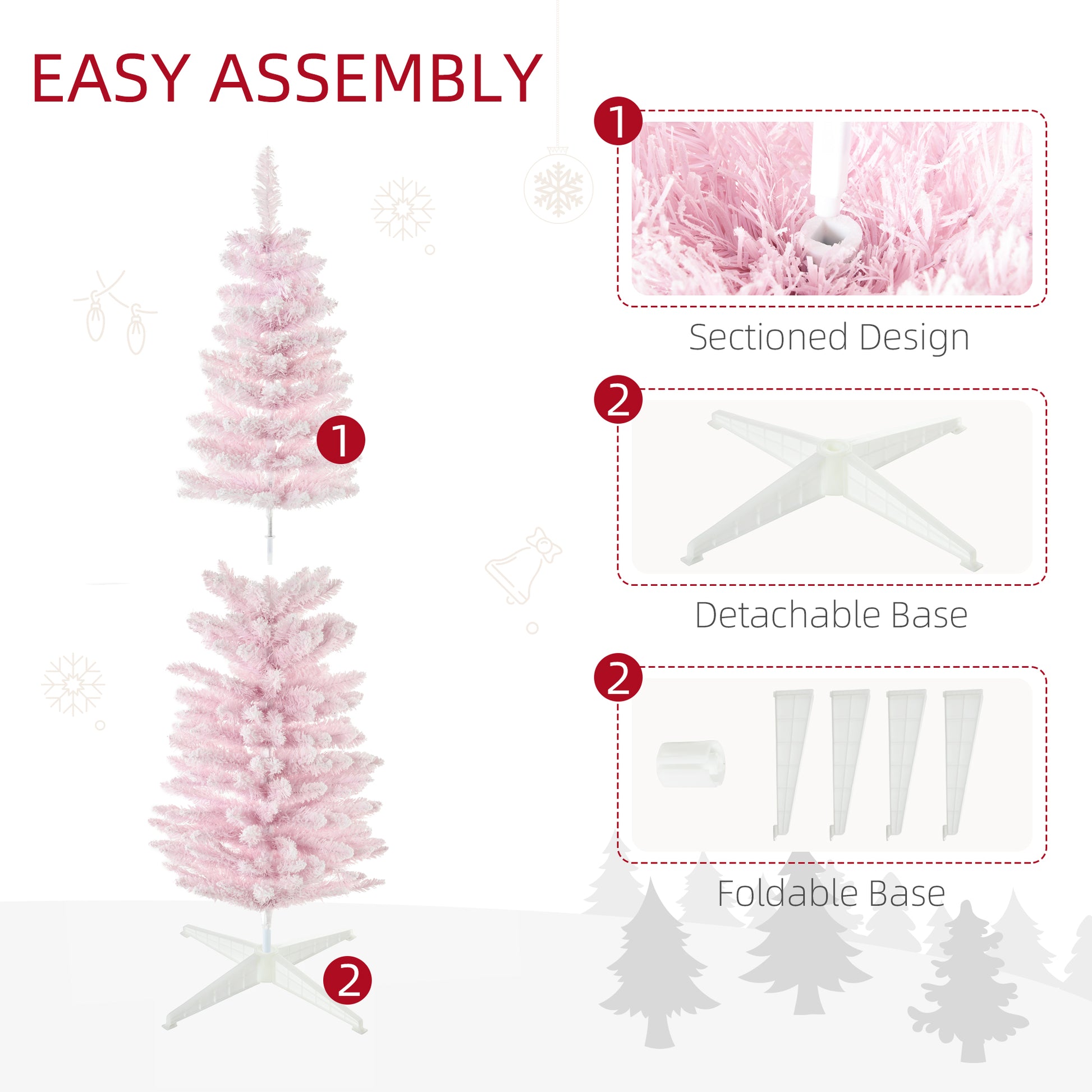 Homcom 5' Snow Flocked Artificial Pencil Christmas Tree, Slim Xmas Tree With Realistic Branches And Plastic Base Stand For Indoor Decoration, Pink Pink Plastic