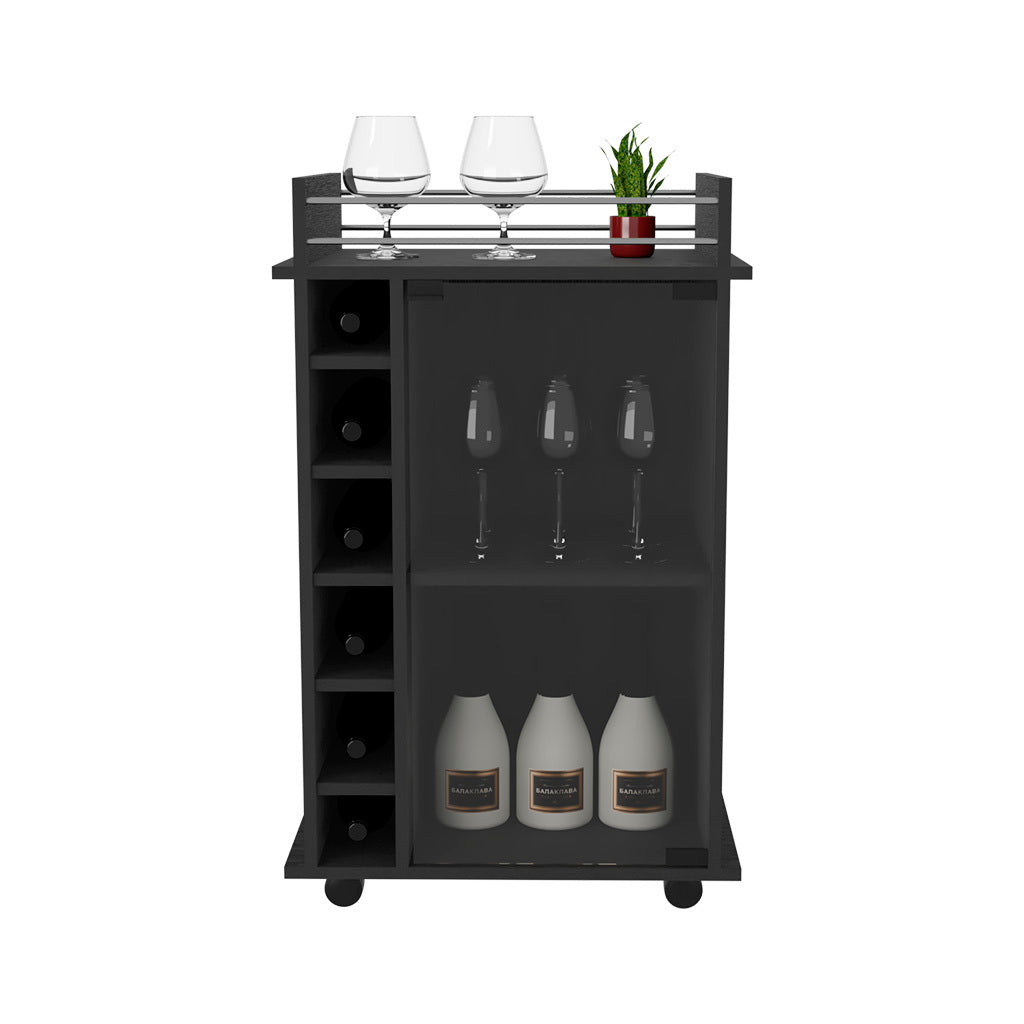 Bar Cart, Glass Door, Four Casters, Two Shelves, Black Black Particle Board Particle Board